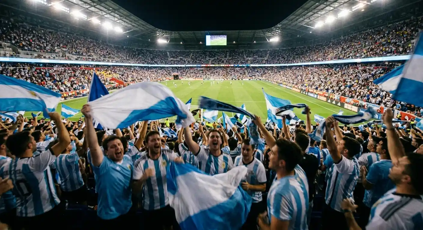 Aficionados con la camiseta celeste y blanca de Argentina animando en la grada de un estadio del Mundial 2026 durante la noche