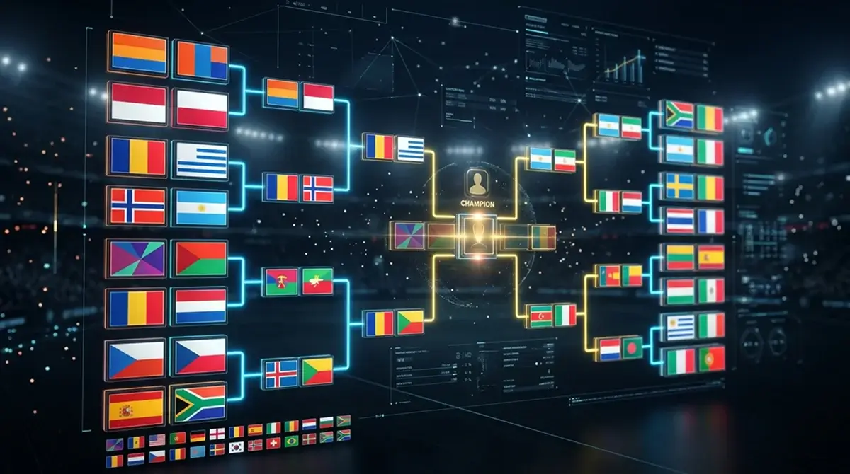 Panel visual con banderas de selecciones clasificadas al Mundial 2026 y un cuadro de eliminatorias de fondo