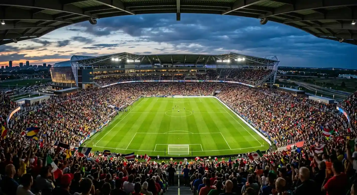 Vista panorámica de un estadio del Mundial 2026 iluminado antes de un partido de cuartos de final, con el campo verde y las gradas llenas de aficionados