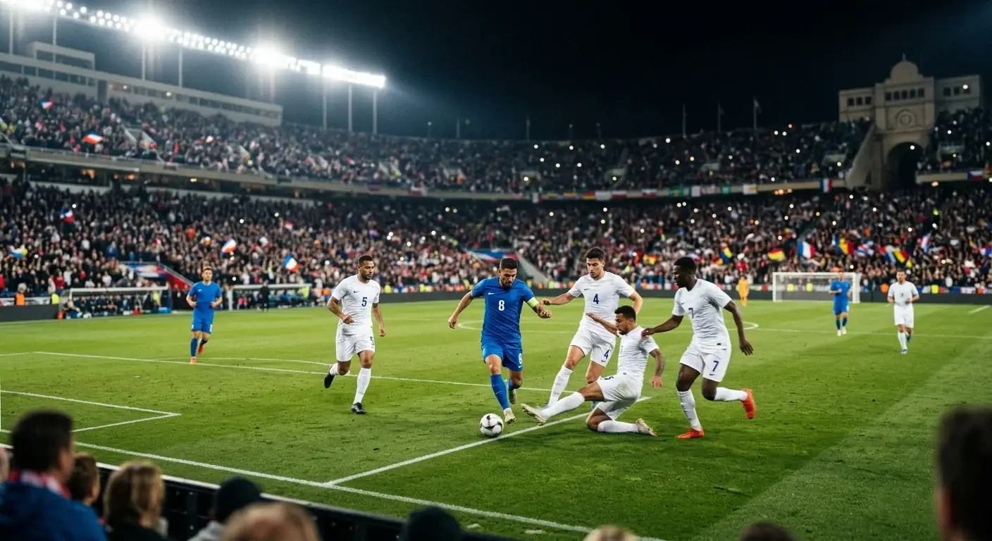 Campo de fútbol visto desde la grada de un gran estadio del Mundial 2026 en ambiente nocturno, con dos equipos disputando el balón bajo los focos