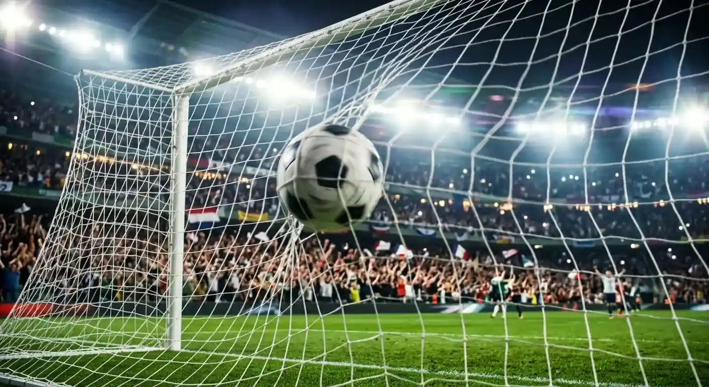 Campo de fútbol visto desde la grada alta de un gran estadio del Mundial 2026, ambiente nocturno con luces brillantes y dos equipos disputando el balón