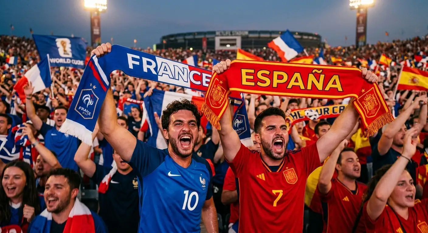 Dos aficionados, uno con la camiseta de Francia y otro con la de España, animando frente a frente en la grada de un estadio del Mundial 2026
