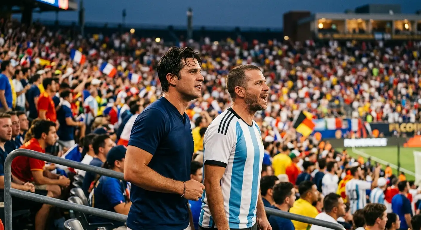 Dos aficionados, uno con la camiseta de Francia y otro con la de Argentina, siguiendo con atención un partido del Mundial 2026 desde la grada