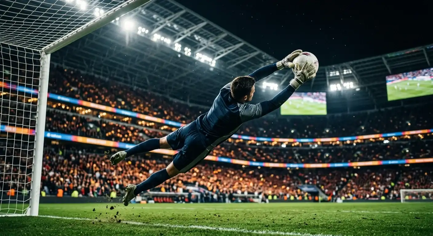 Portero lanzándose para atrapar un balón durante un partido nocturno del Mundial 2026, con las gradas iluminadas al fondo