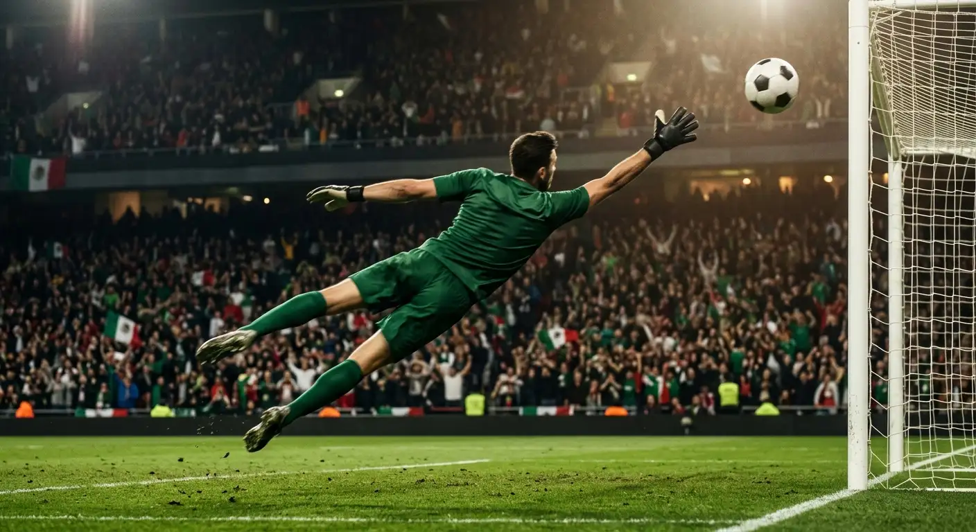 Disparo de un jugador durante un partido del Mundial 2026, portero lanzándose y público al fondo