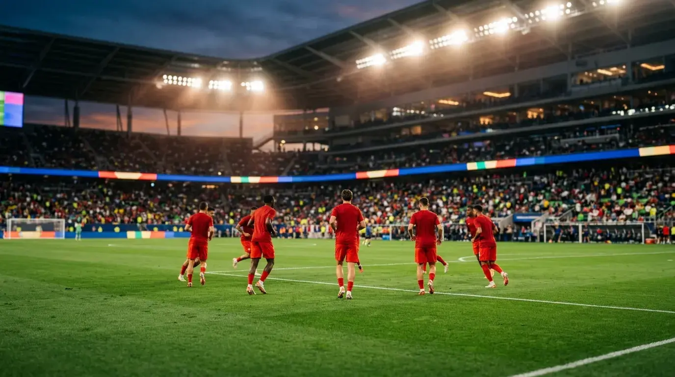Centro del campo de un estadio del Mundial 2026 con jugadores de una selección preparándose antes de un partido decisivo