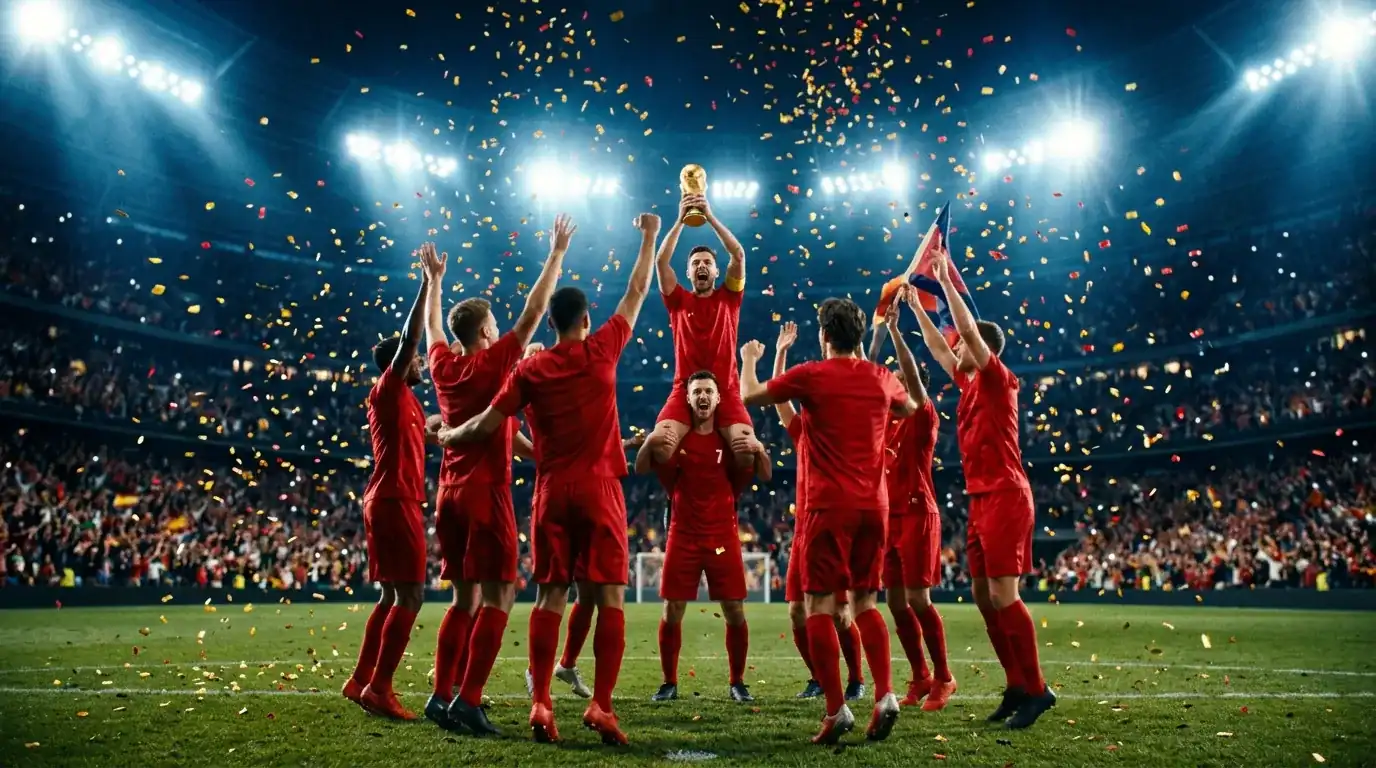 Futbolistas con camiseta roja celebran el título mundial bajo los focos del estadio