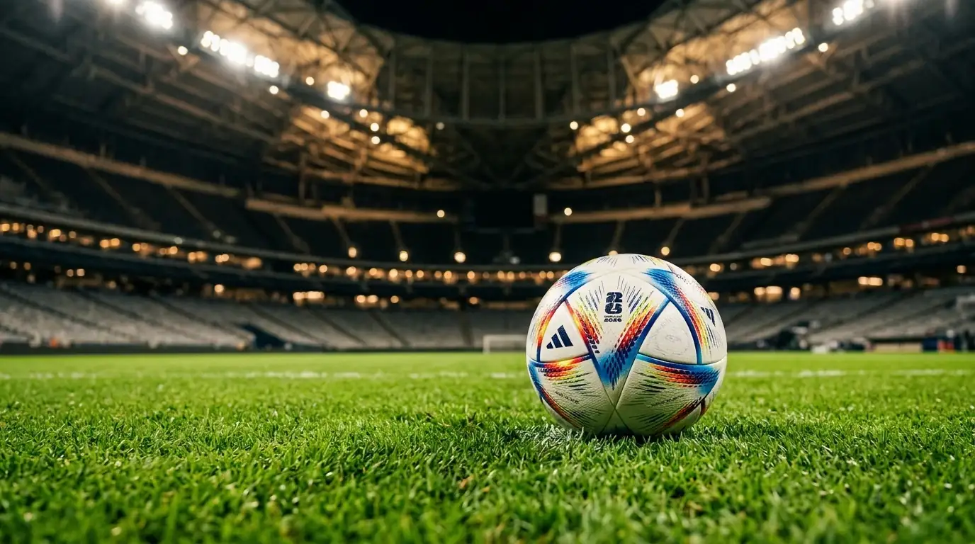 Un balón oficial del Mundial 2026 sobre el césped iluminado de un estadio con techo cerrado, listo para el inicio de una semifinal