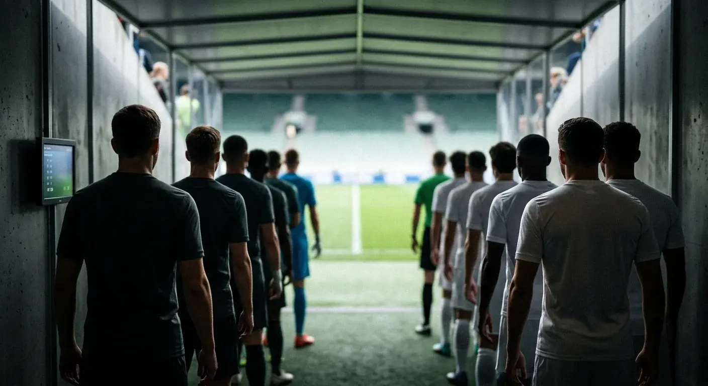 Dos equipos de fútbol en el túnel de vestuarios de un estadio del Mundial 2026 antes de salir al campo para un partido de cuartos de final