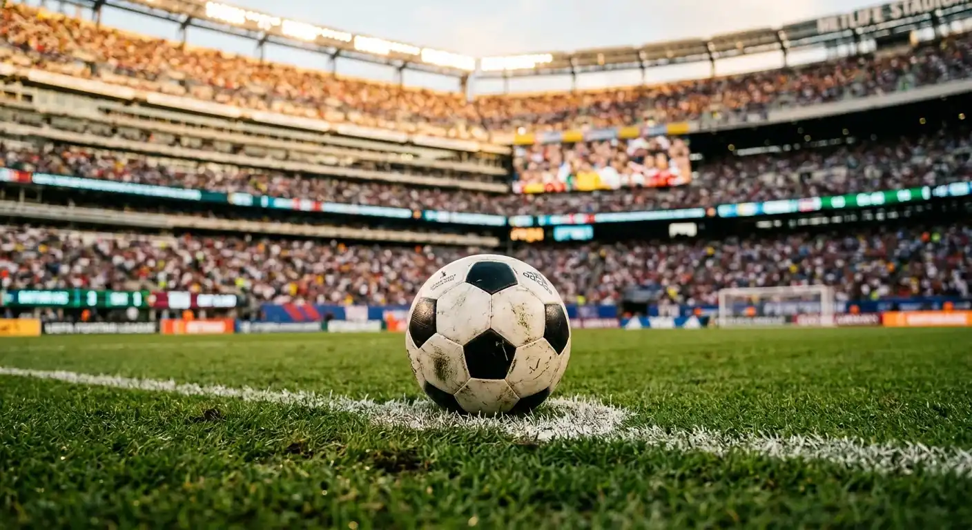 Detalle de un balón de fútbol sobre el punto de penalti en un estadio del Mundial 2026 con las gradas desenfocadas al fondo