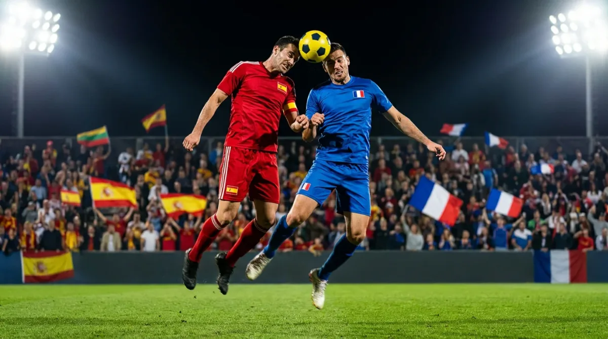 Jugadores de distintas selecciones compitiendo por el balón en un partido de fútbol internacional bajo los focos del estadio