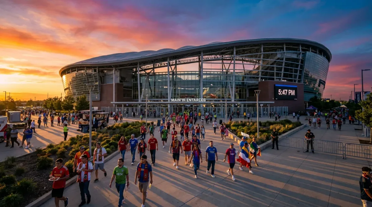 Fachada exterior de un gran estadio de fútbol moderno al atardecer con aficionados caminando hacia la entrada