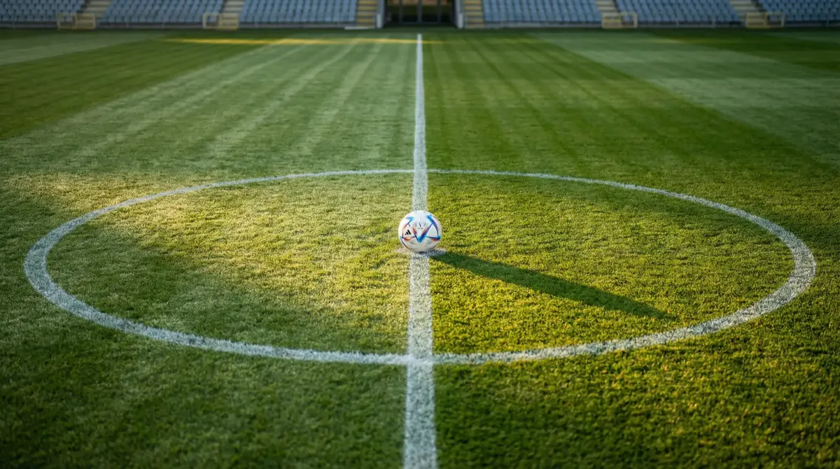 Césped de un campo de fútbol con las líneas del centro del campo marcadas y un balón oficial del Mundial en el círculo central