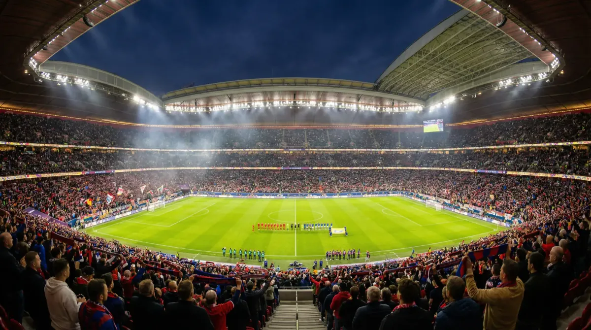 Vista panorámica de un estadio de fútbol lleno de aficionados durante un partido nocturno del Mundial 2026