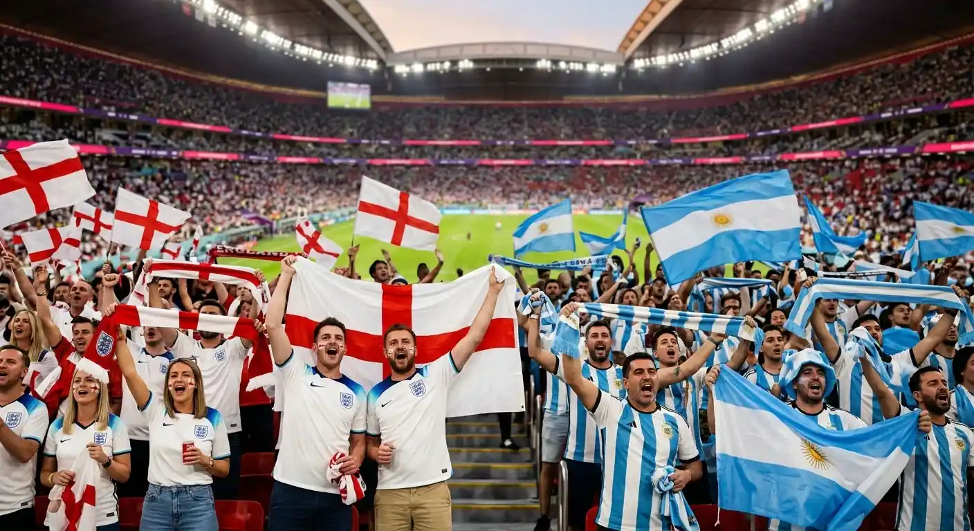 Aficionados de Inglaterra y Argentina animando con banderas en la grada de un estadio del Mundial 2026 antes de la semifinal
