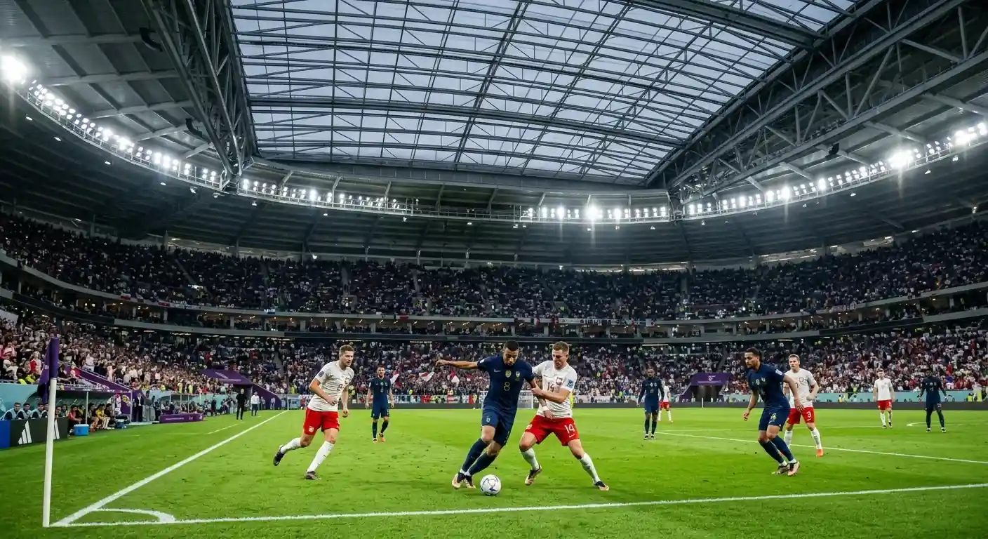 Estadio del Mundial 2026 con el techo cerrado y el campo iluminado, dos equipos disputando el balón bajo los focos en ambiente de gran partido