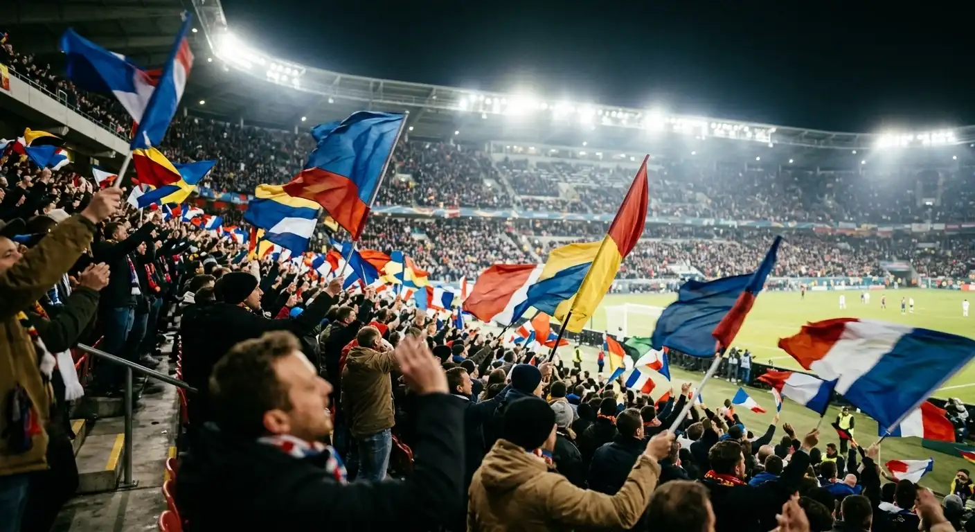 Aficionados ondeando banderas en la grada de un estadio del Mundial 2026 durante un partido nocturno de la fase eliminatoria