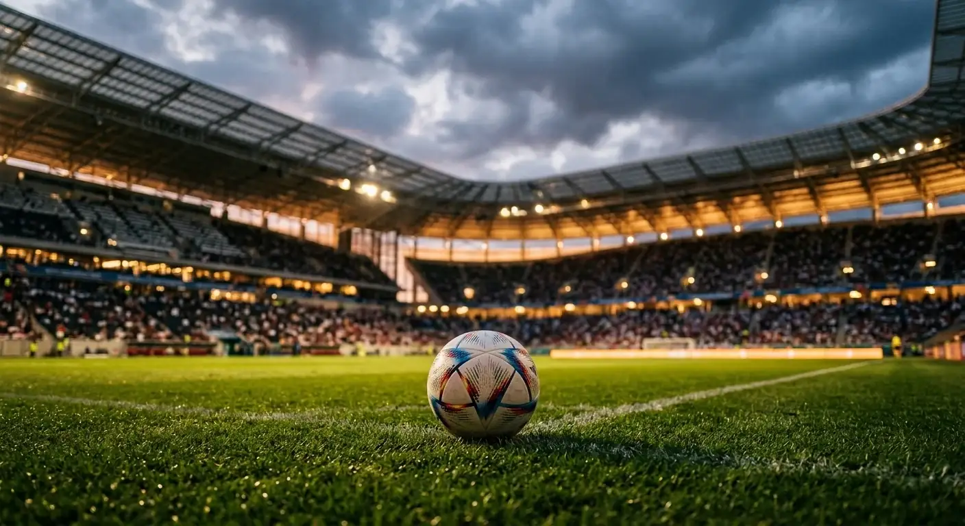 Balón de fútbol sobre el césped iluminado de un estadio del Mundial 2026 al anochecer, con las gradas parcialmente cubiertas al fondo