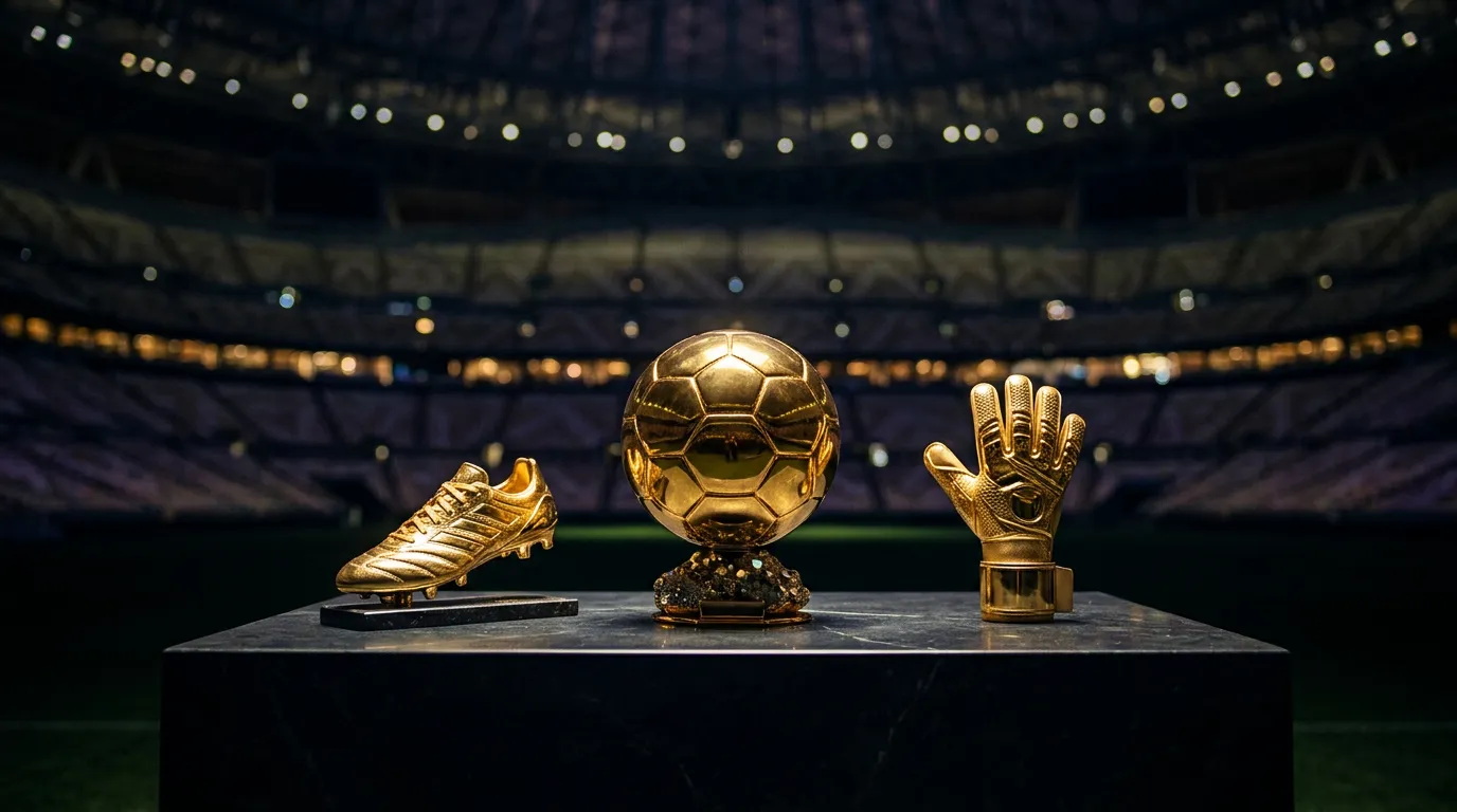 Trofeos individuales de fútbol iluminados por focos en un estadio en penumbra
