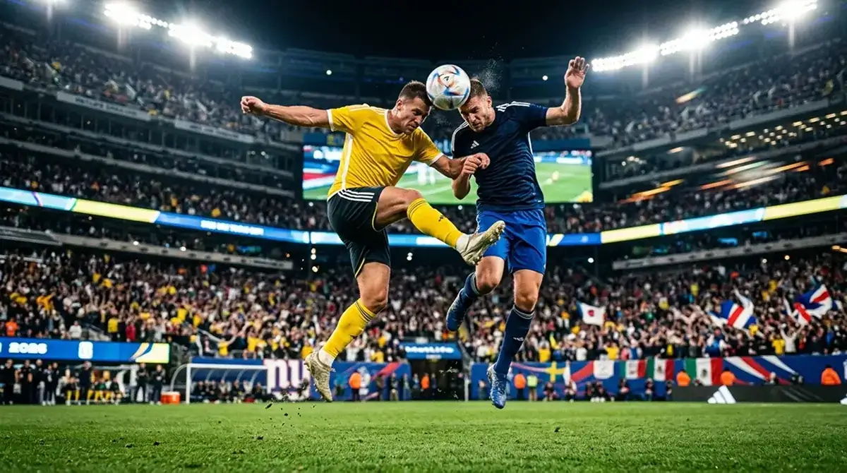 Jugadores de Brasil y Escocia se disputan el balón en un estadio del Mundial 2026 bajo focos