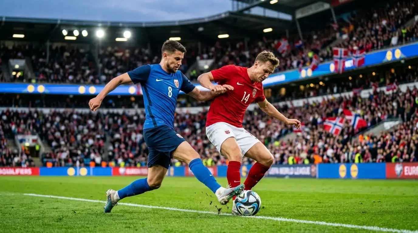 Dos futbolistas de selecciones rivales disputan el balón en un estadio del Mundial 2026 bajo los focos