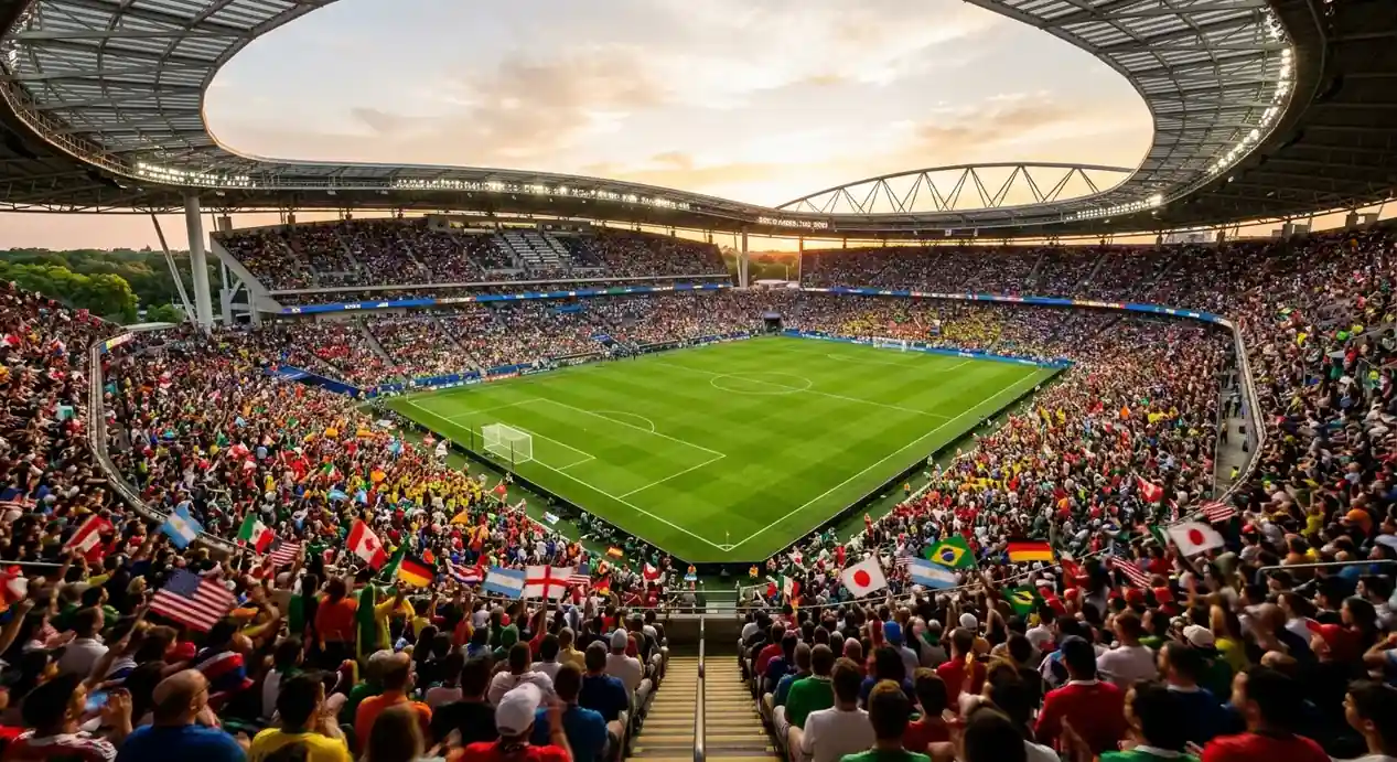 Estadio lleno antes de un partido eliminatorio del Mundial 2026 con aficionados agitando banderas de diferentes países