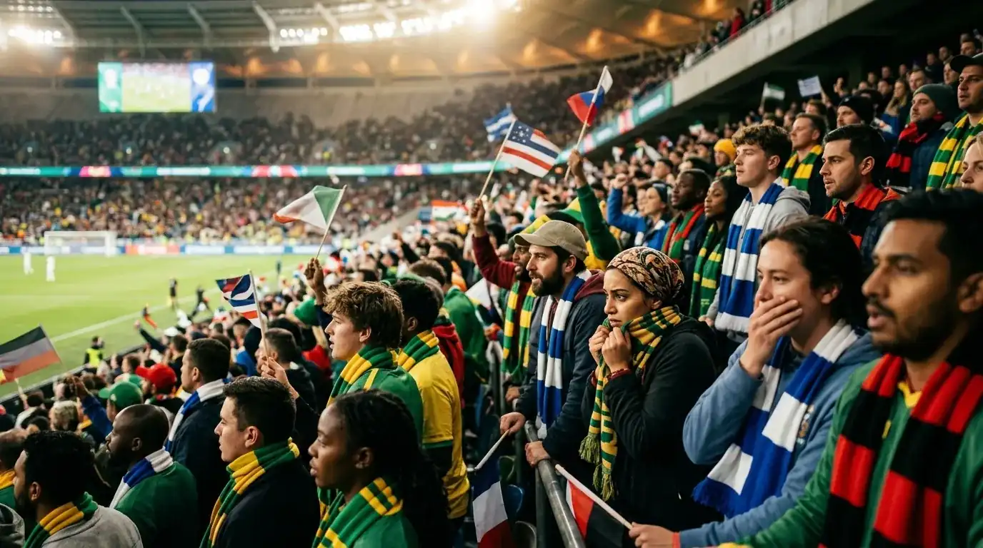 Aficionados con bufandas y banderas siguiendo con tensión una jornada decisiva del Mundial 2026 en la grada