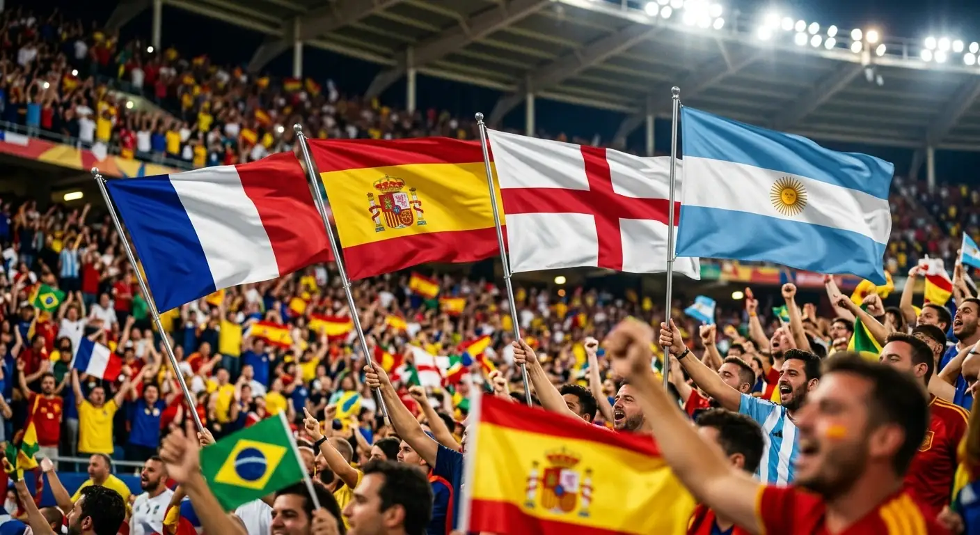 Cuatro banderas —Francia, España, Inglaterra y Argentina— ondeando juntas en la grada de un estadio del Mundial 2026