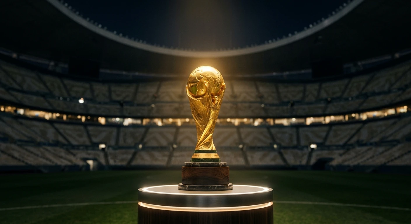 Trofeo dorado de fútbol iluminado sobre un pedestal en un estadio del Mundial 2026, con las gradas desenfocadas al fondo